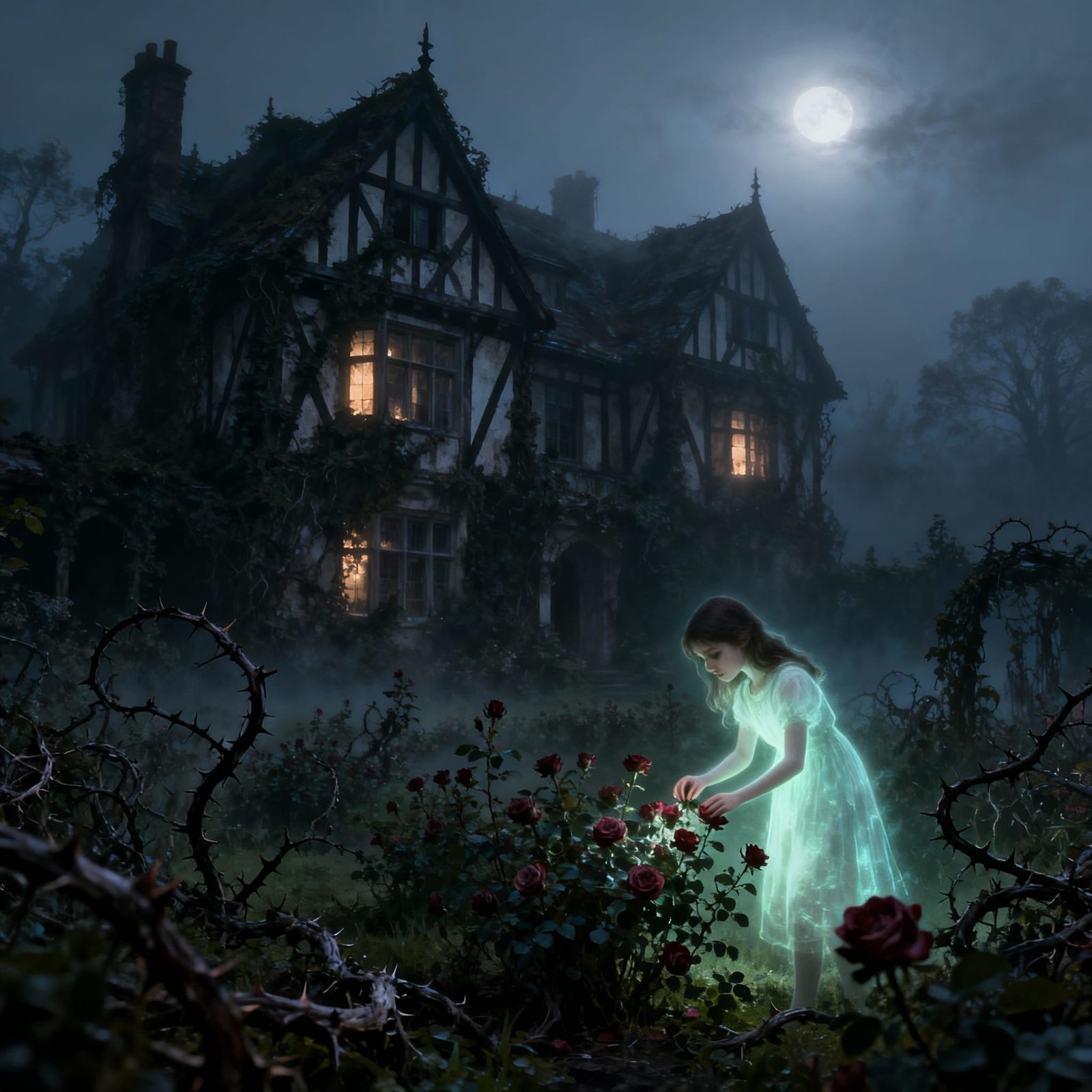 Ghostly Girl Tends Roses in Misty Mansion Garden