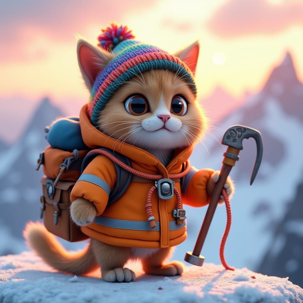 Charming 3D-Rendered Cat Adventurer on Snowy Mountain Peak