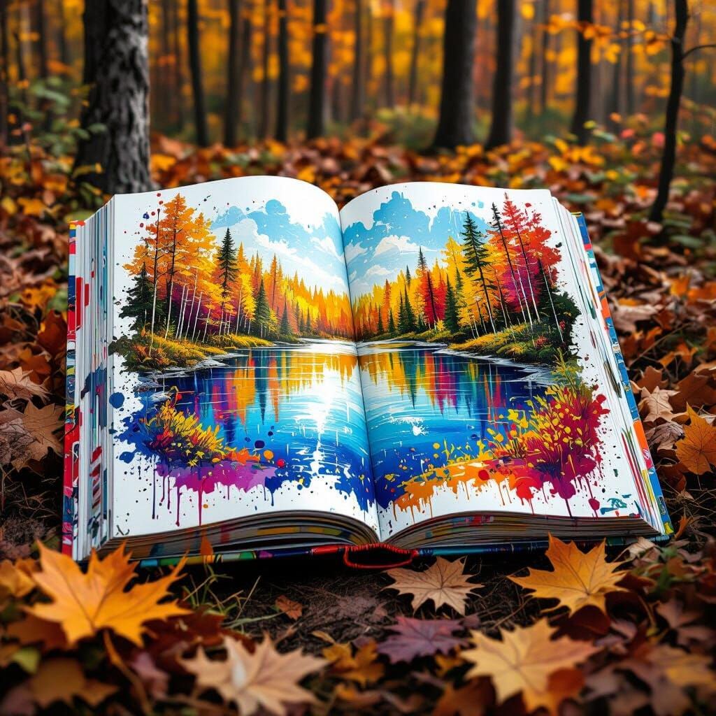 Autumn Forest Clearing with Art Book and Multicolored Lake