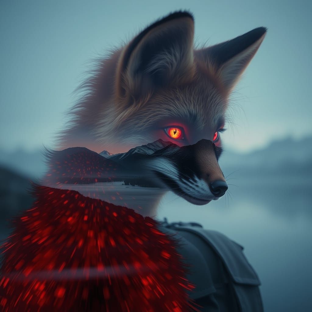 Double exposure photography; portrait of a Mysterious Fox......