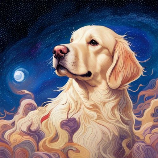Golden Retriever Among the Stars: Hyperdetailed Gouache Art