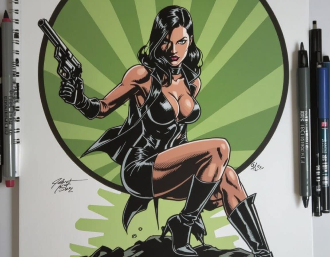 Dangerous Spy Woman: Ink Drawing on Paper