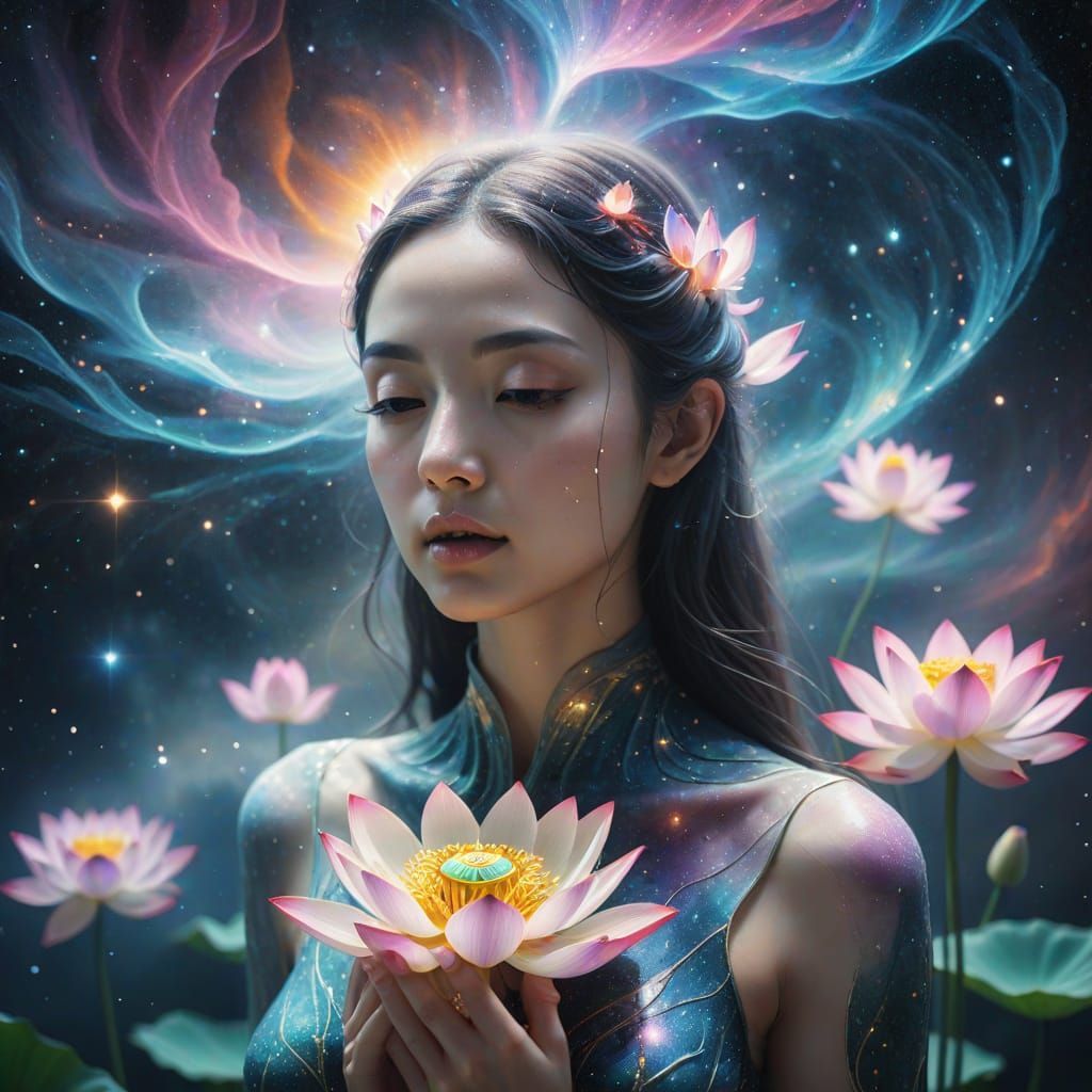 Celestial Woman of Stardust Contemplates Cosmic Lotus