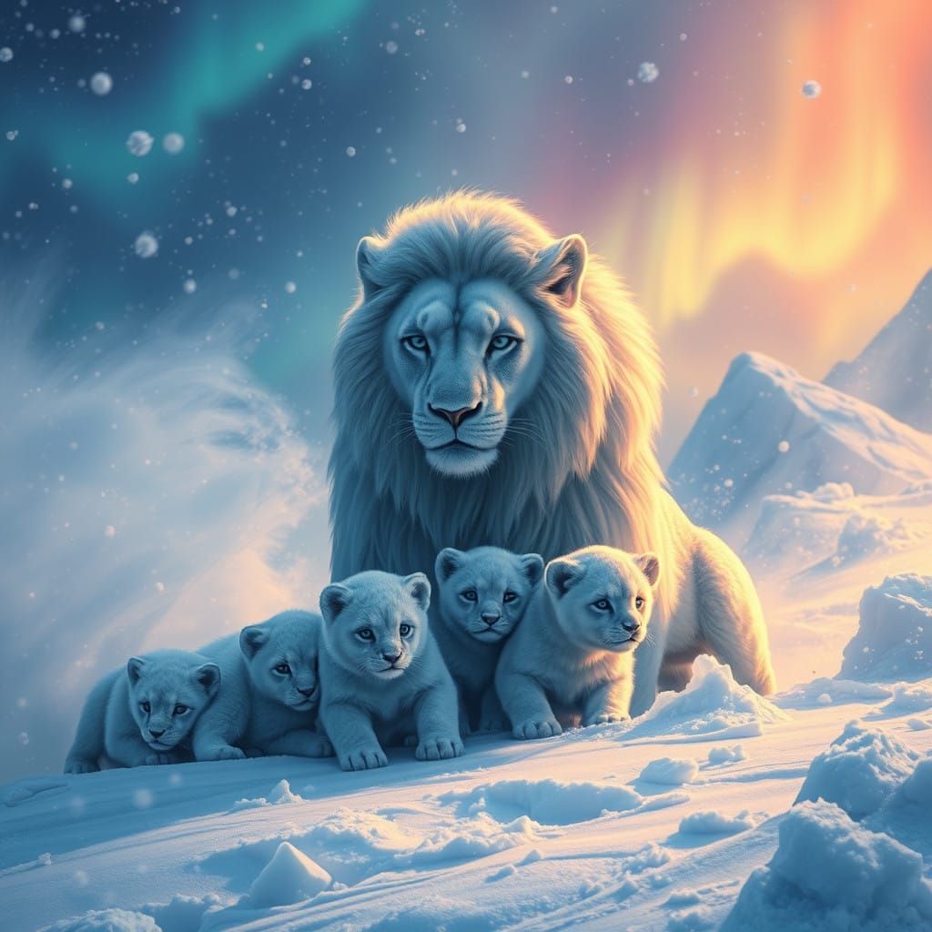 Snow Lion Protects Pups in Icy Storm