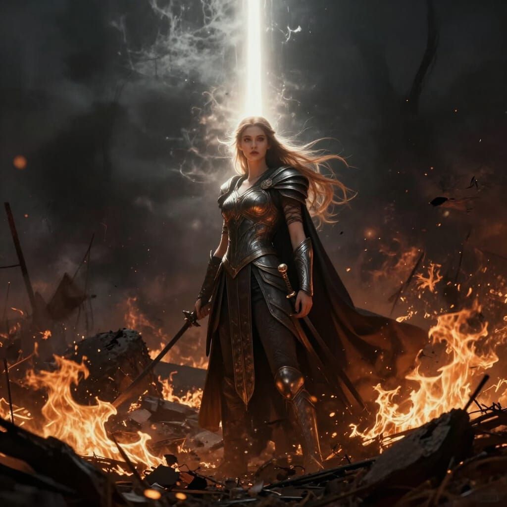 Valkyrie in Fiery Battlefield Amidst Dramatic Light