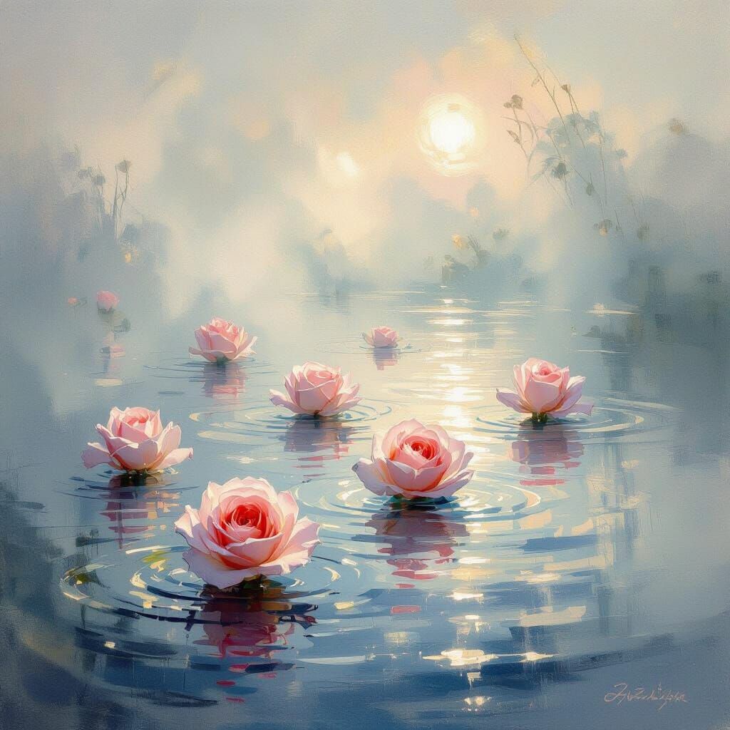 Roses Floating on Water in Impressionist Style