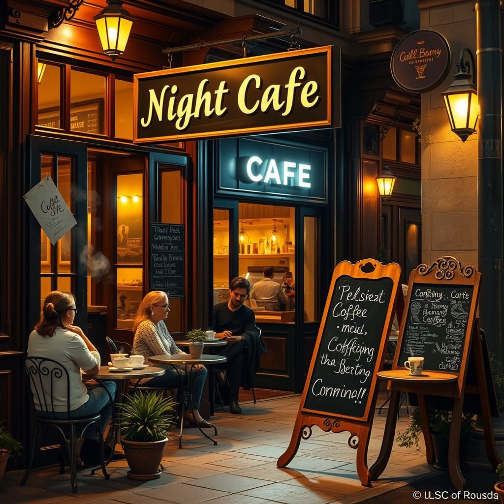 Cozy Coffee Shop Night Cafe with Warm Lighting and Inviting...