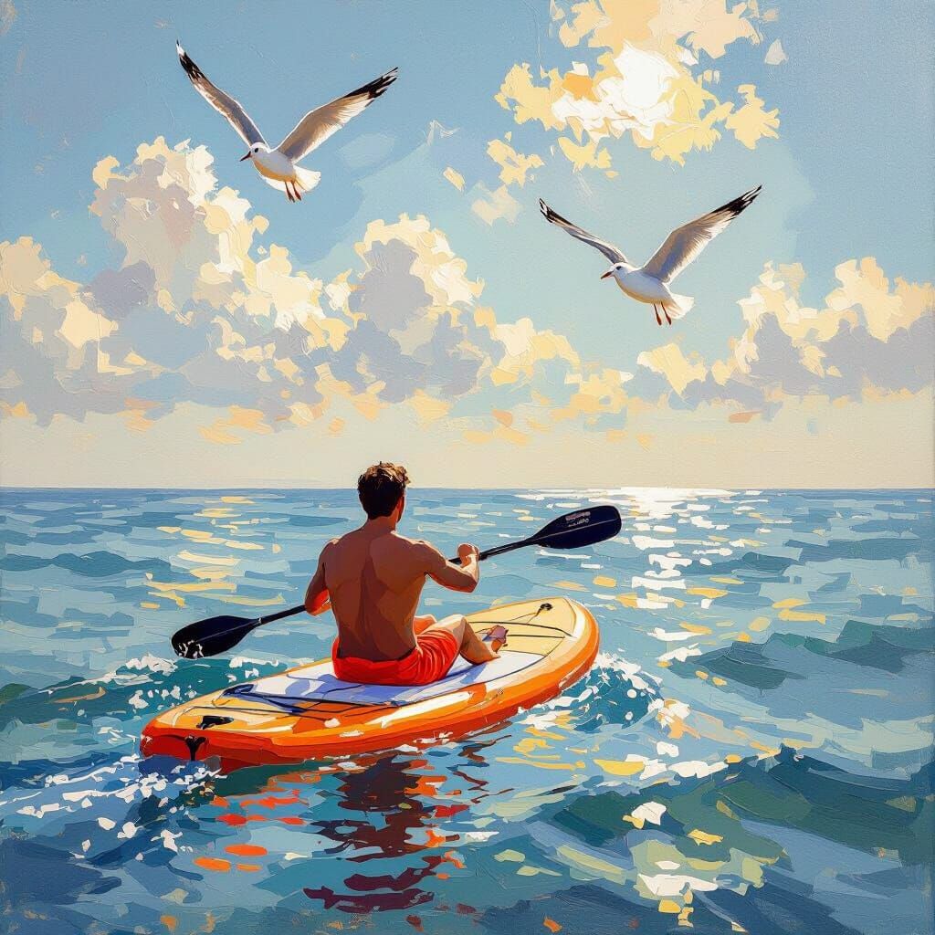 Man Rowing Orange SUP Board on Rippling Sea