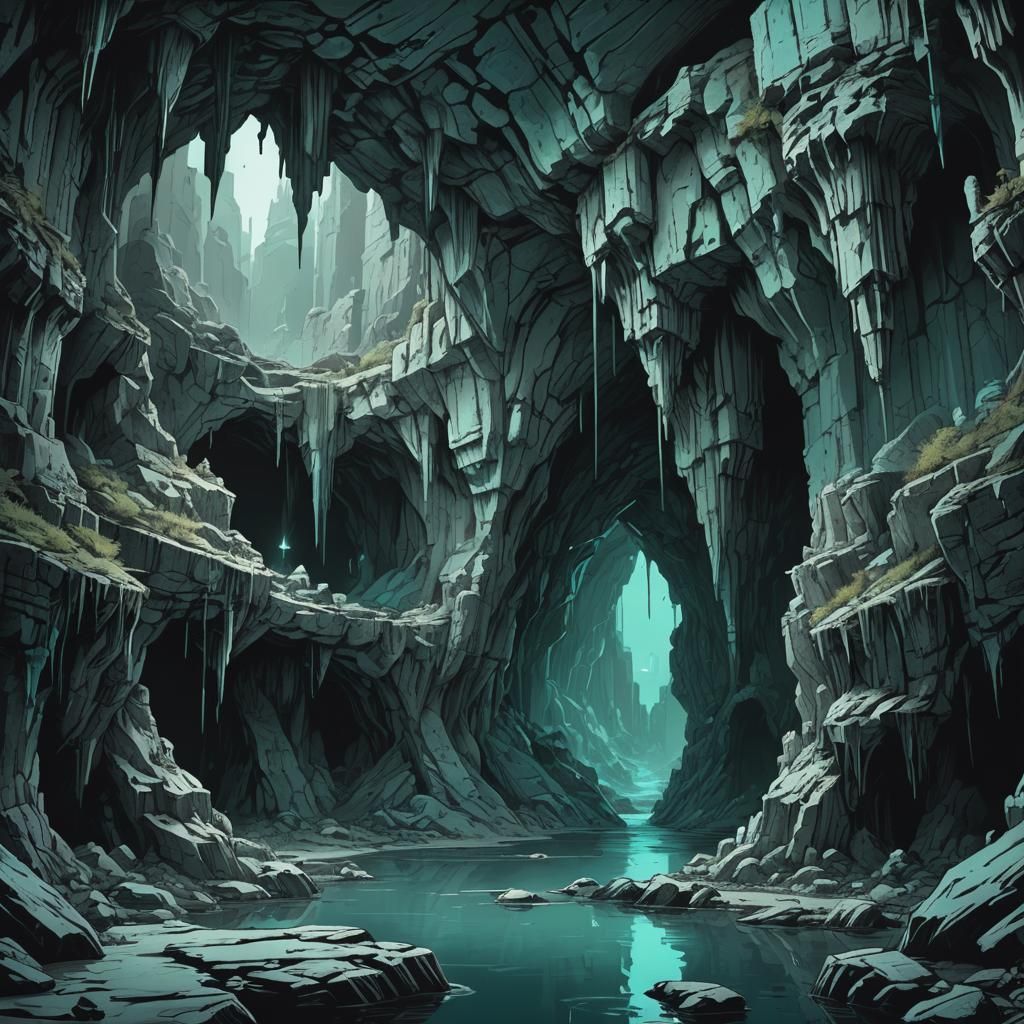 Monochromatic Teal Grotto in Minimalist 80s Style