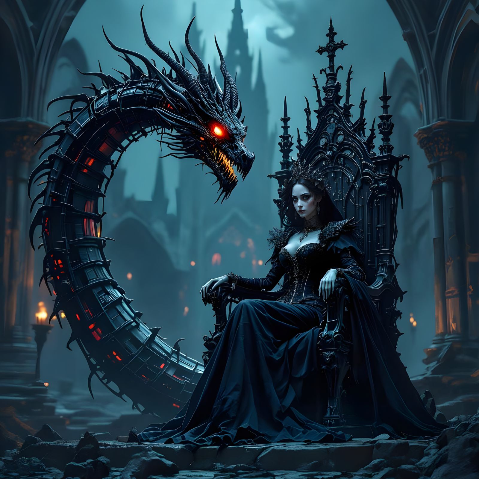 Biomechanical Dragon Coiled Around Bone Cathedral