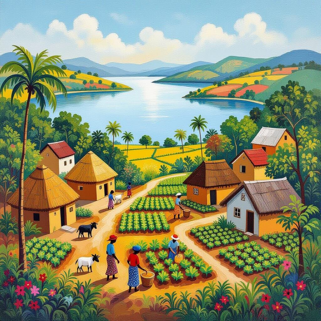 African Village in Lush Valley: Naive Art Illustration