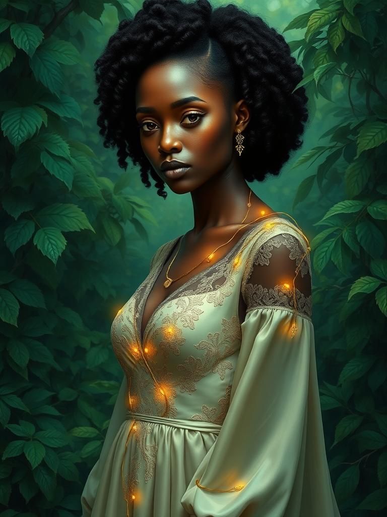 Regal Woman in Emerald Forest, Mystical Oil Painting