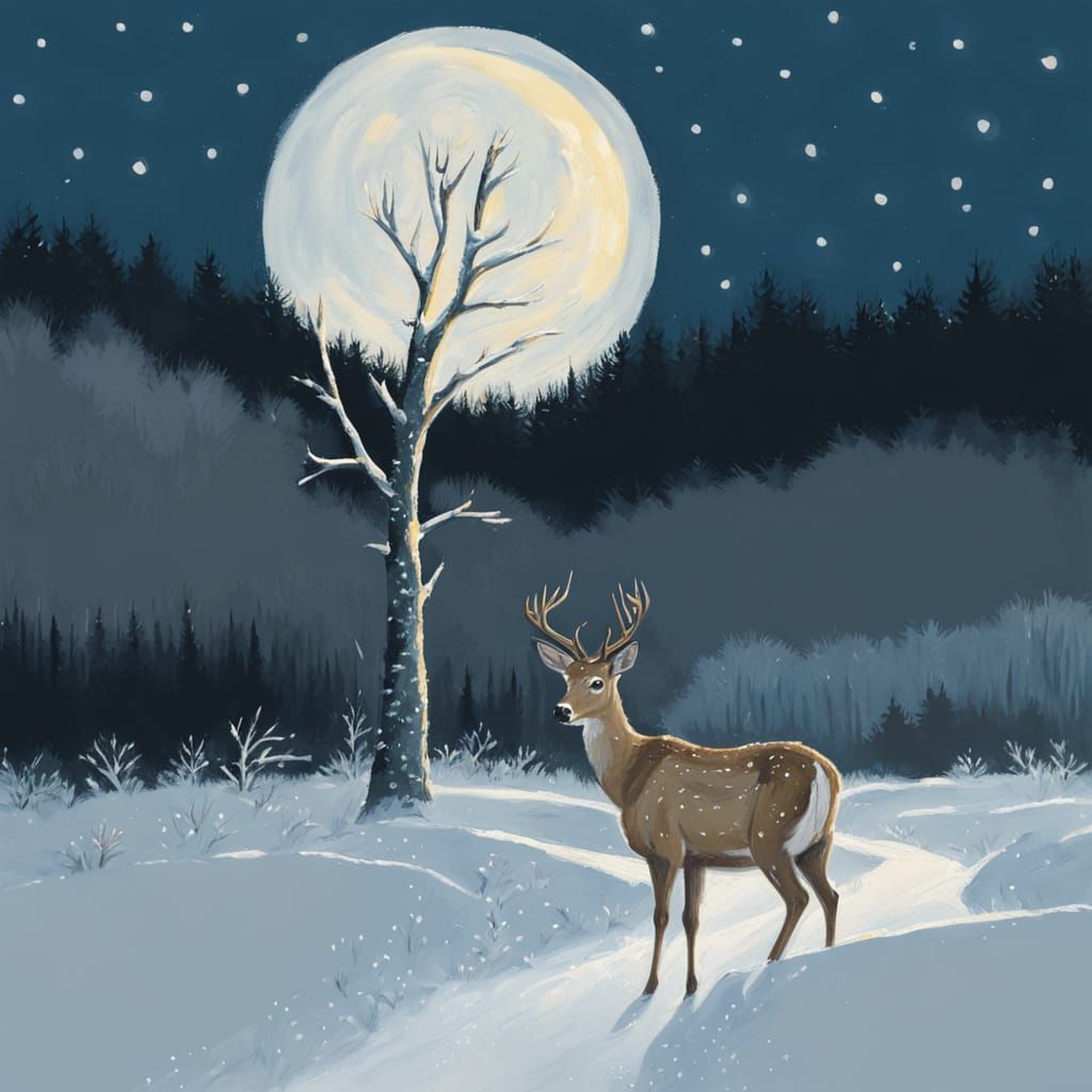 Gouache Painting of Solitary Deer in Snowy Forest at Night
