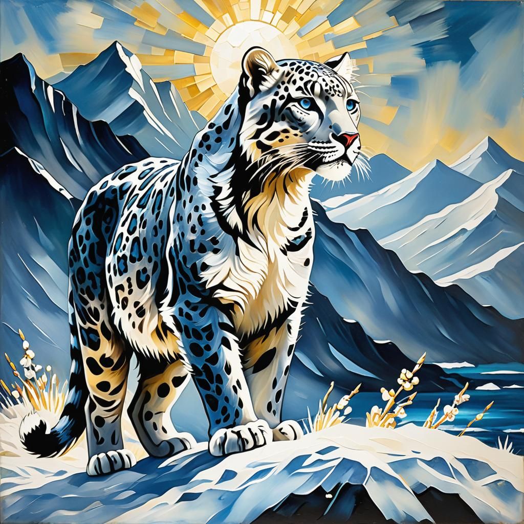 Snow Leopard on Snowy Mountain in Watercolor Style