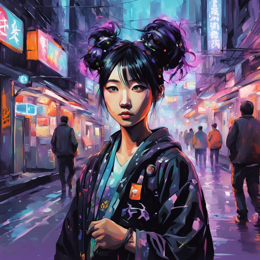 Cyberpunk Woman in Futuristic Tokyo Street Scene