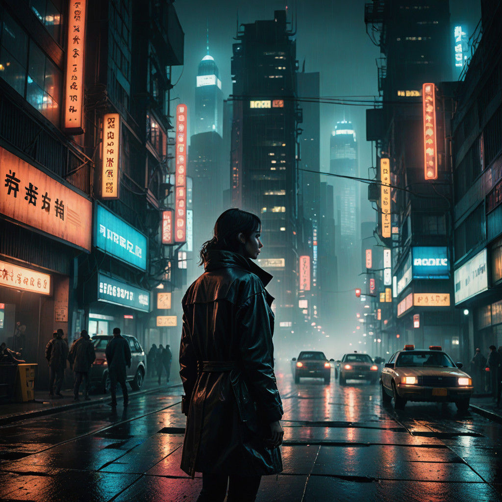 Girl Surrounded by Glistening Cityscape in Moody Hyperrealis...