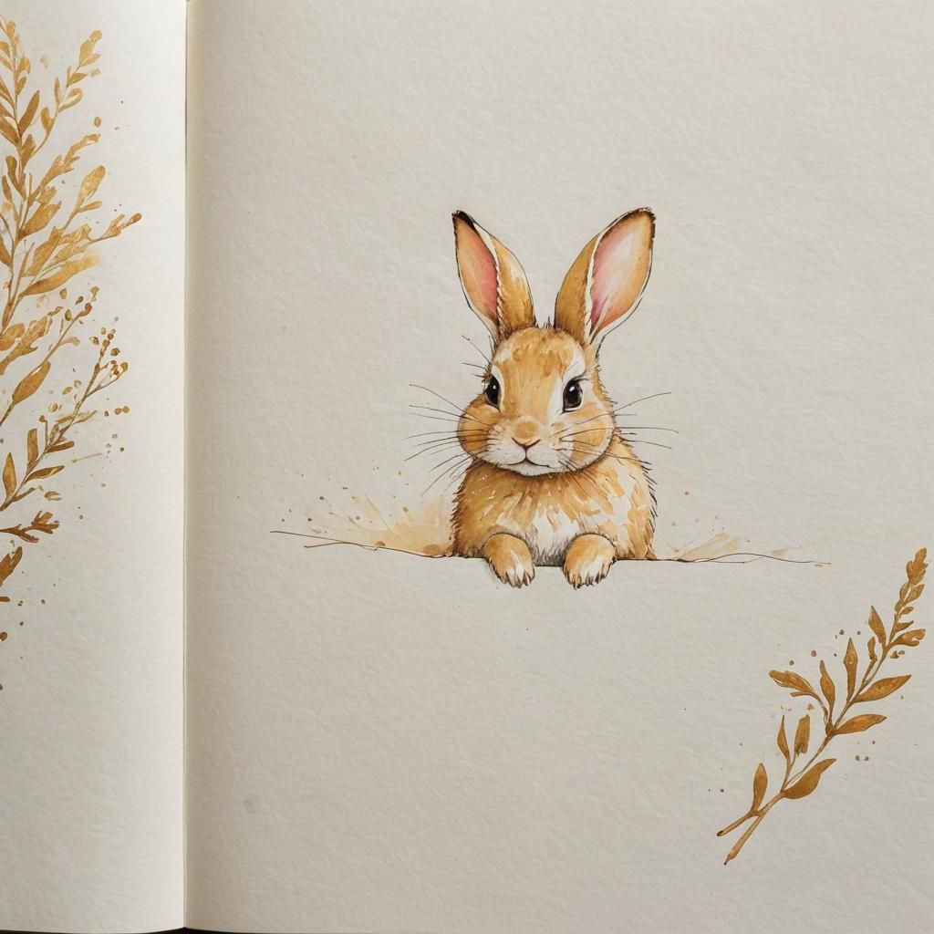 Watercolor Bunny on Journal Page in Mixed Media Art