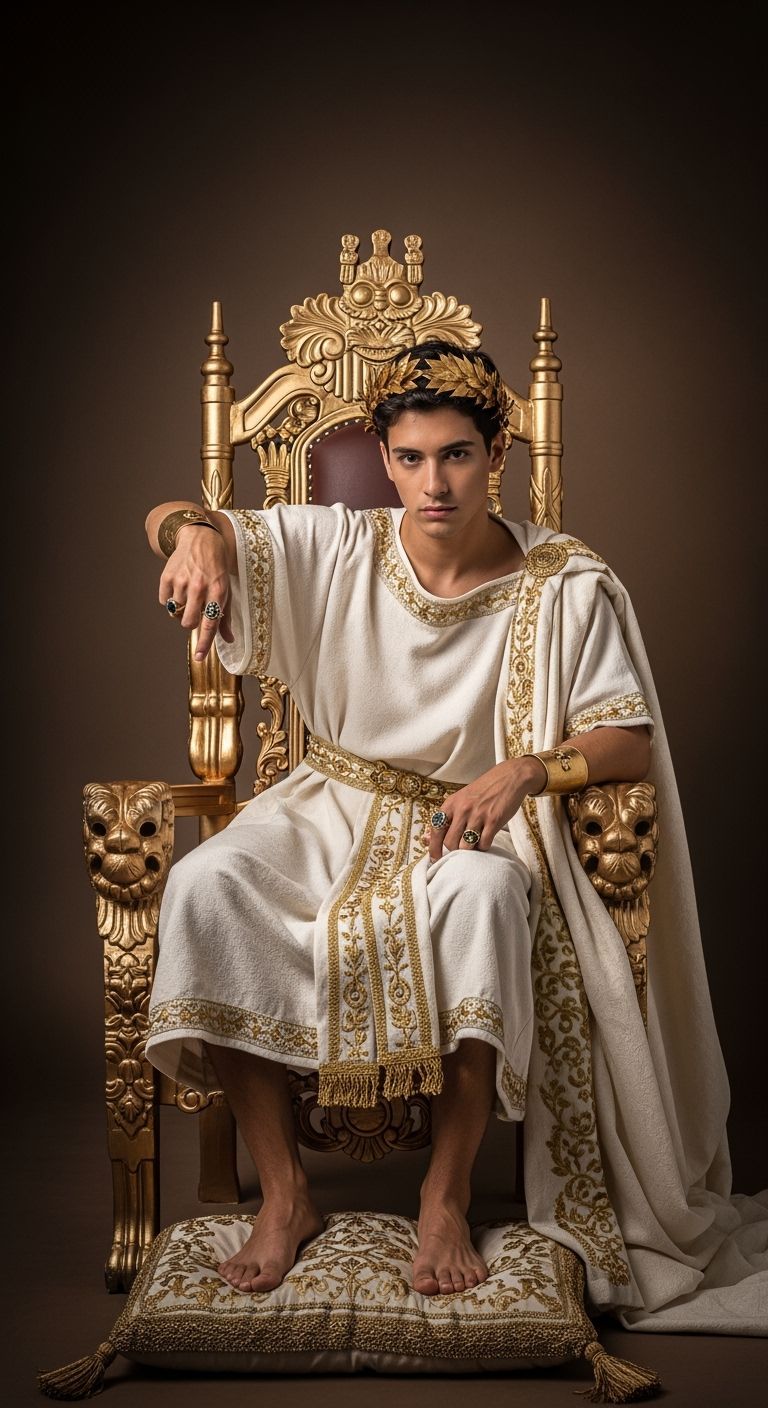 Barefoot Roman Emperor on Gold Throne, Leibovitz Style