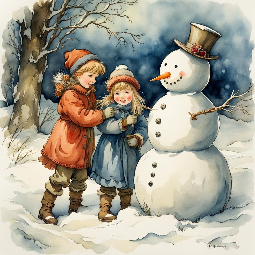 Brother and Sister Create Snowman in Rackham Style