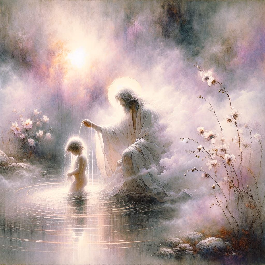 Ethereal Baptism Scene in Ukiyo-e Watercolor Style
