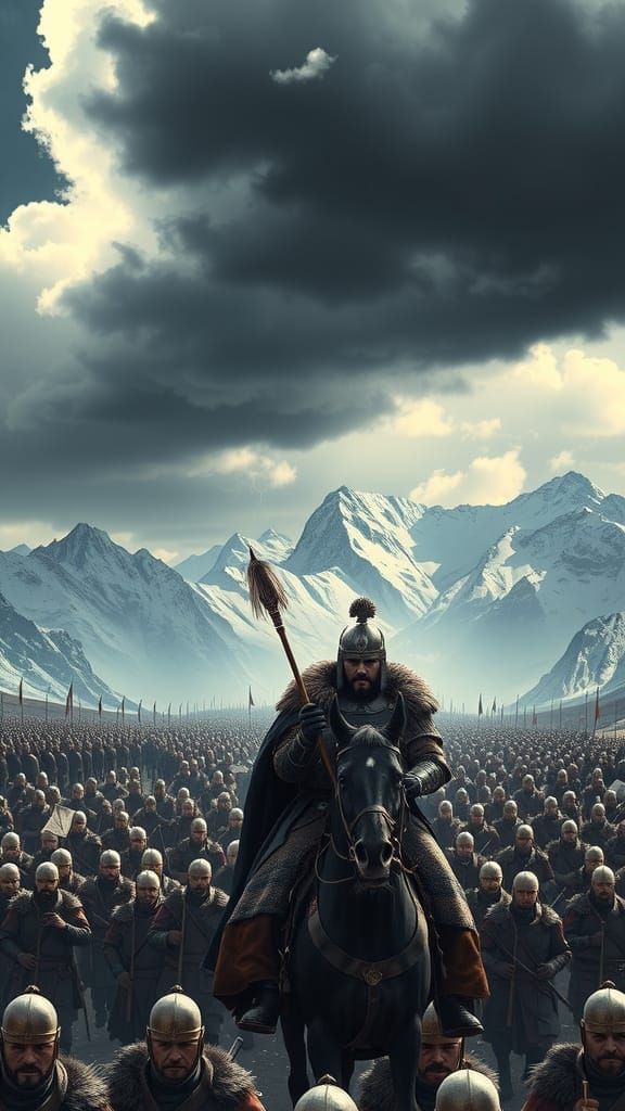Genghis Khan Leads Mongol Army Across Vast Mountain Landscap...