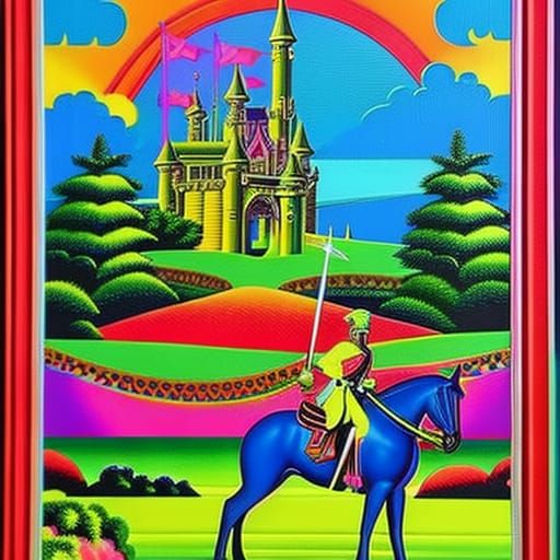 Neon Knight on Horse in Pop Art Castle Land
