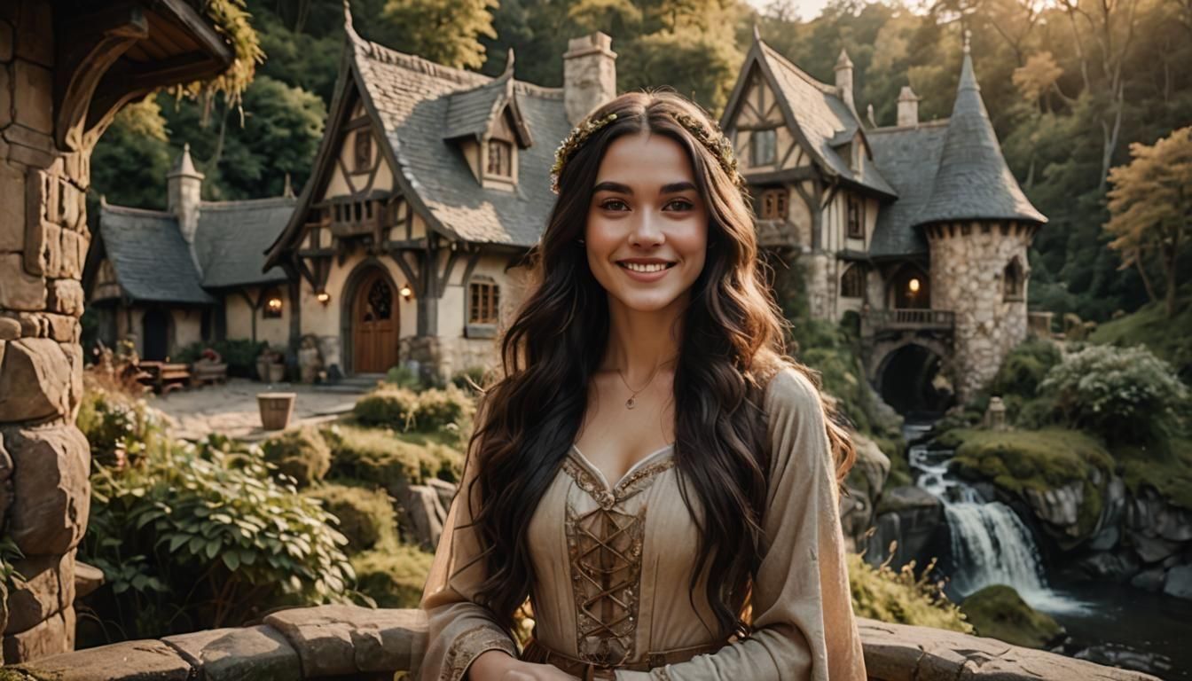 Beautiful Princess by Elven Cottage on Cliffside Waterfall