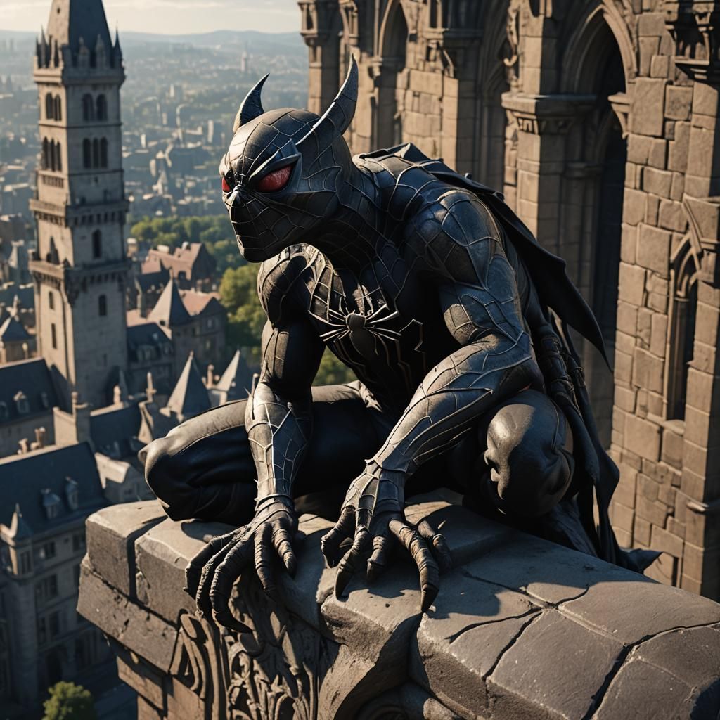 Gothic Spider-Gargoyle Hybrid Overlooking City, Hyperrealist...