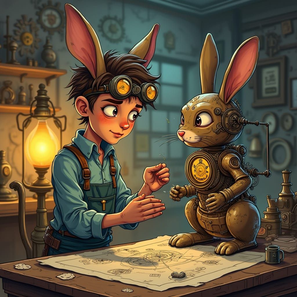 Steampunk Inventor's Clockwork Rabbit: Cartoon Illustration