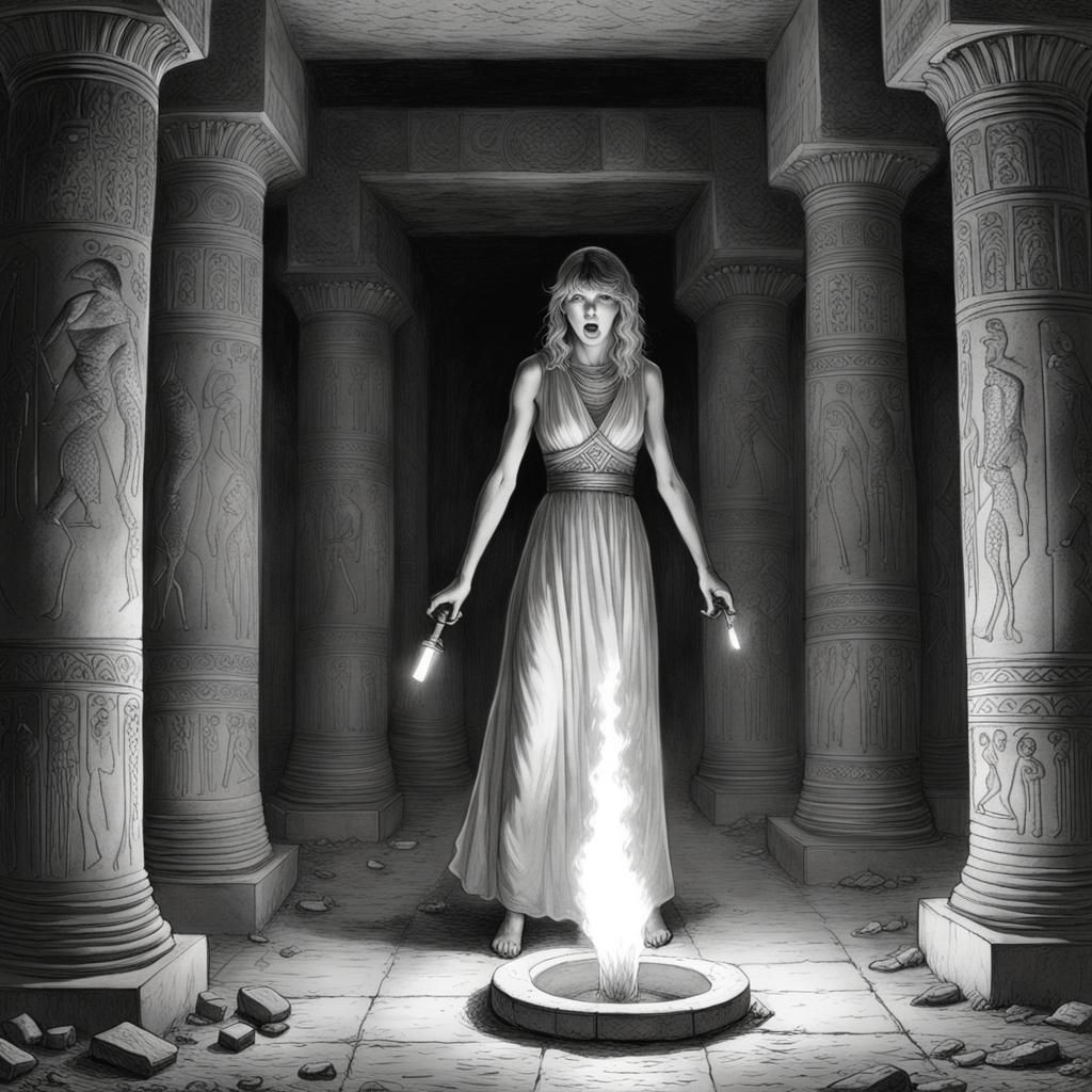 Terrified Woman in Dark Egyptian Tomb