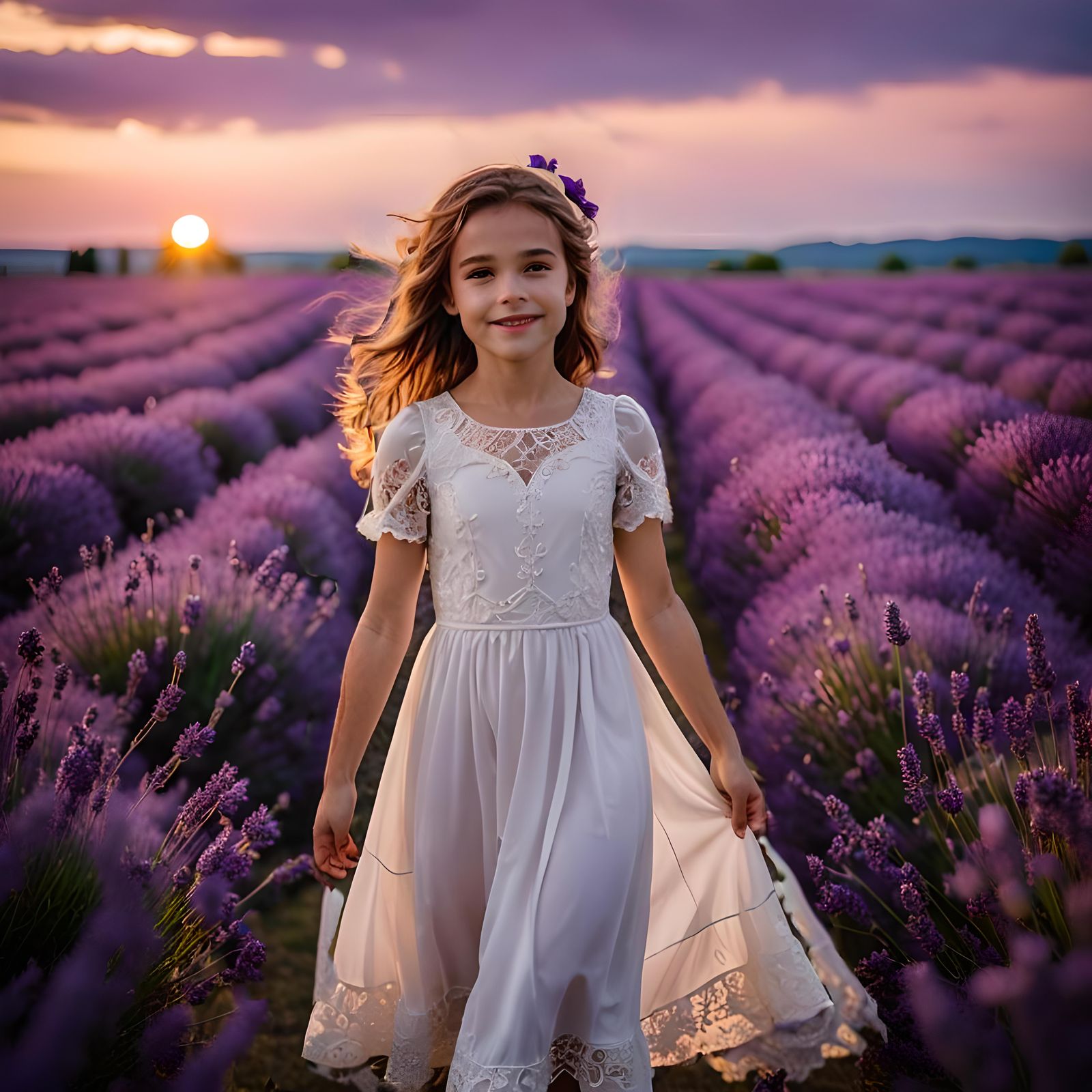 Girl in Lavender Field at Sunset: Dreamy Violet Photo