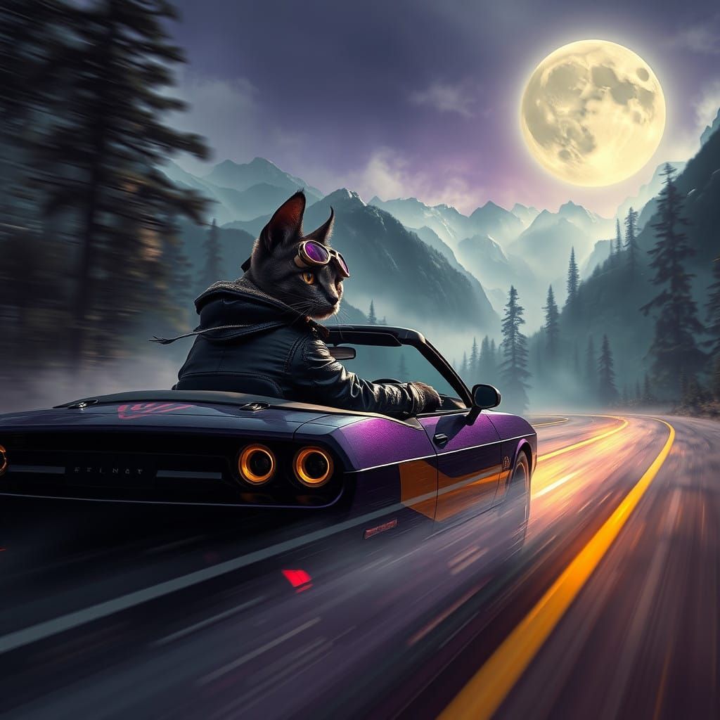 Dark Fantasy Kitten Speeds Through Moonlit Mountains in Hell...