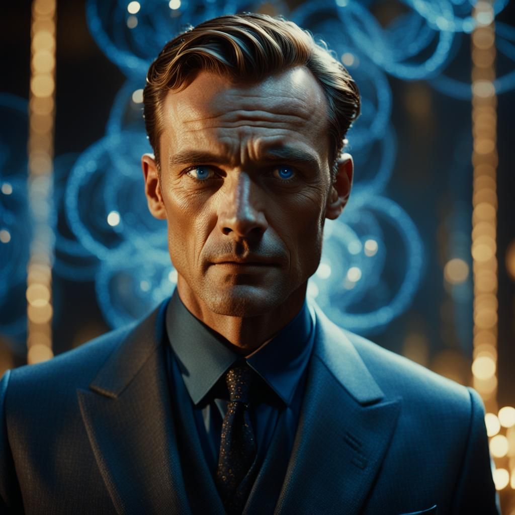 Elegant Man with Glowing Atoms in Ethereal Style