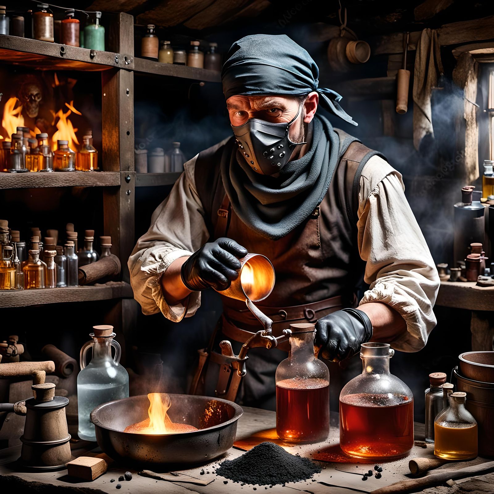 Alchemist Working with Vaporous Flasks and Mineral Salts
