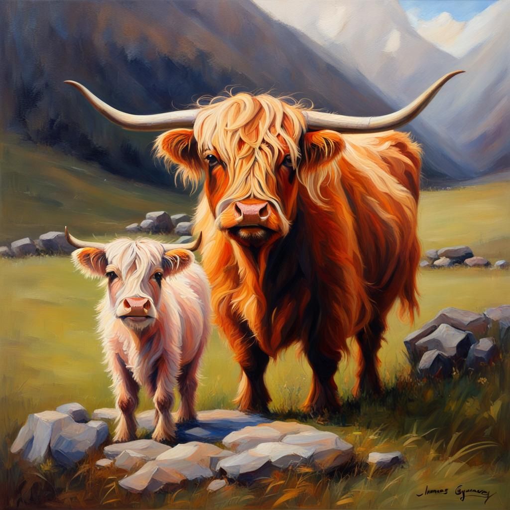 Highland Cow with Calf as Oil Painting