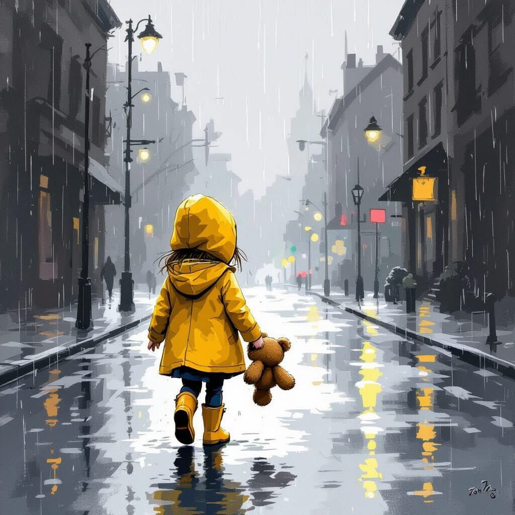 Girl in Yellow Raincoat: Emotive Charcoal Sketch
