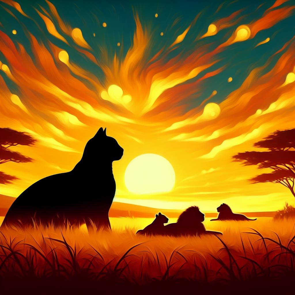 Savannah Sunset Cat Silhouette with Lions