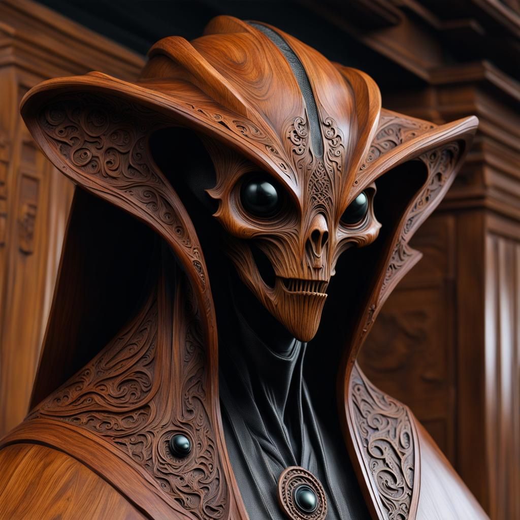 Hooded Alien Bust Carving in Cherry Wood