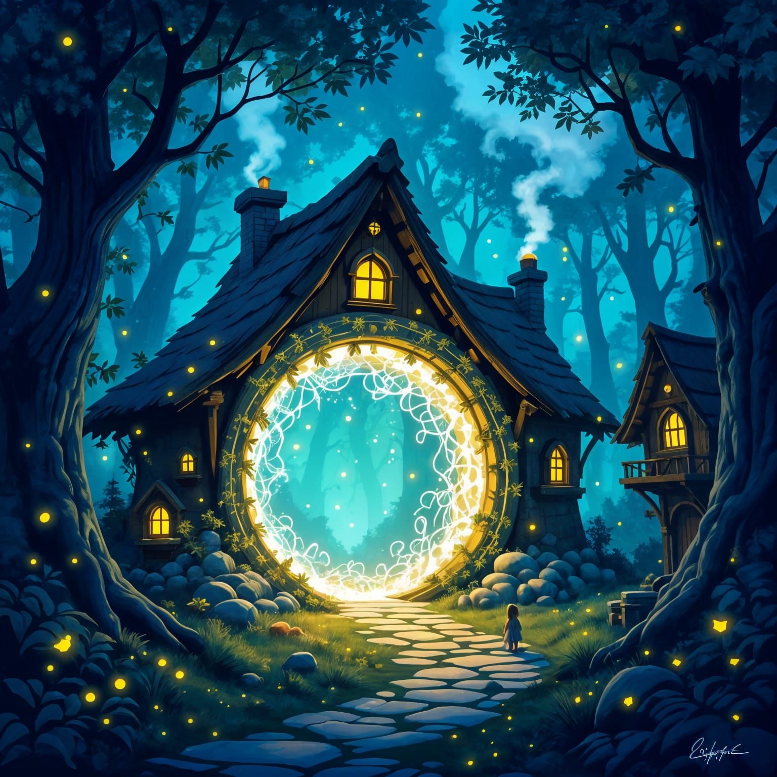 Fantasycore Art: Enchanted Village with Bioluminescent Fores...