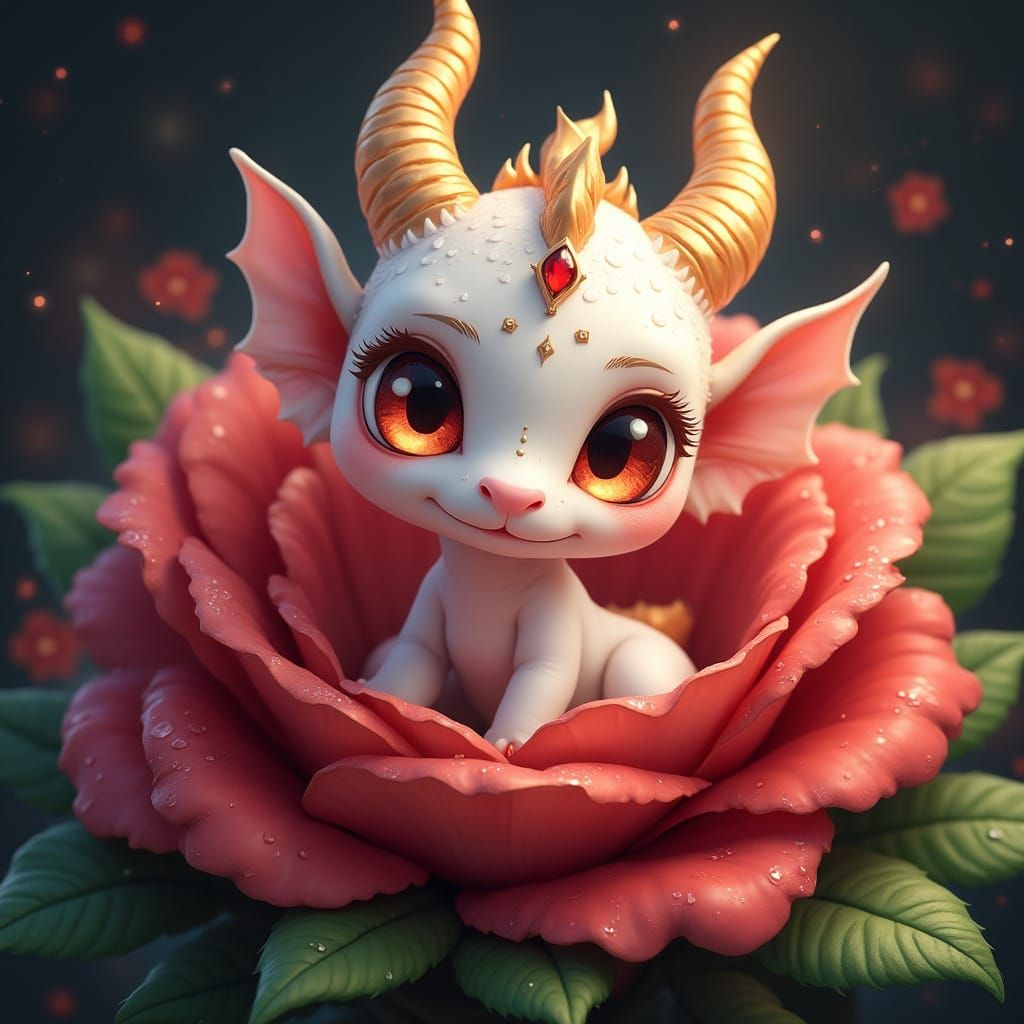 Cute Baby Dragon in Rose, Anime Fantasy Art