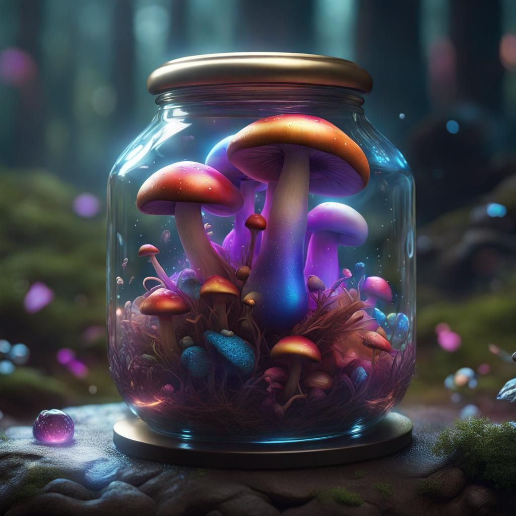 Iridescent Mushrooms in Sealed Jar: Detailed Matte Painting