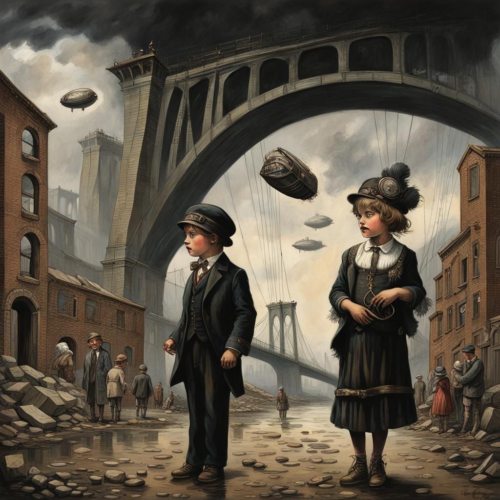 Steampunk Gothic Cityscape with Children Beggars