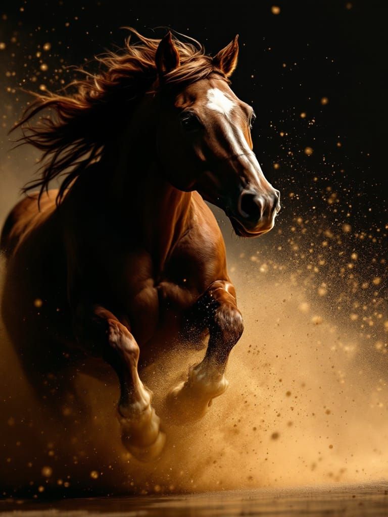 Horse Gallops Through Golden Dust Clouds
