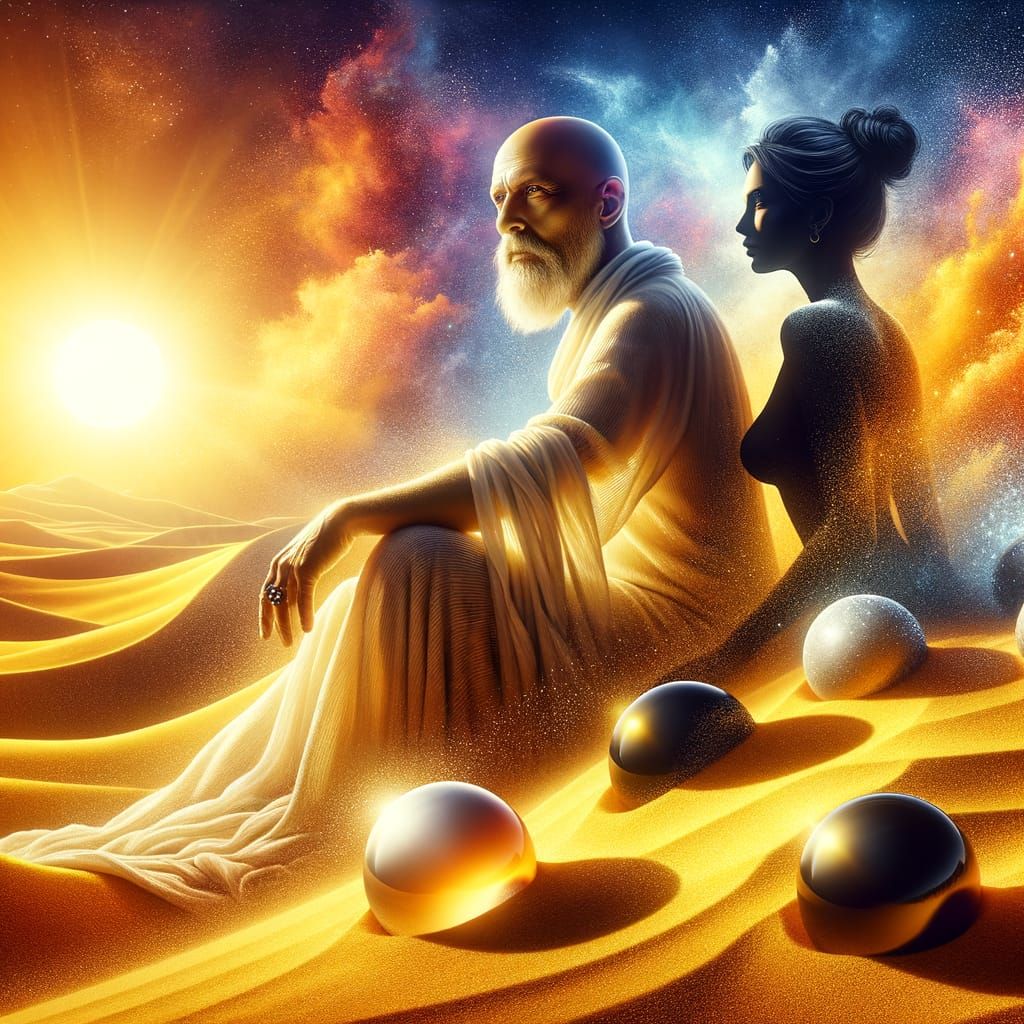 Wise Bald Man on Golden Mountain with Silhouetted Lady