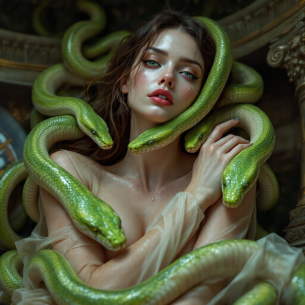 Hyperrealistic Woman with Snakes in Surrealist Style