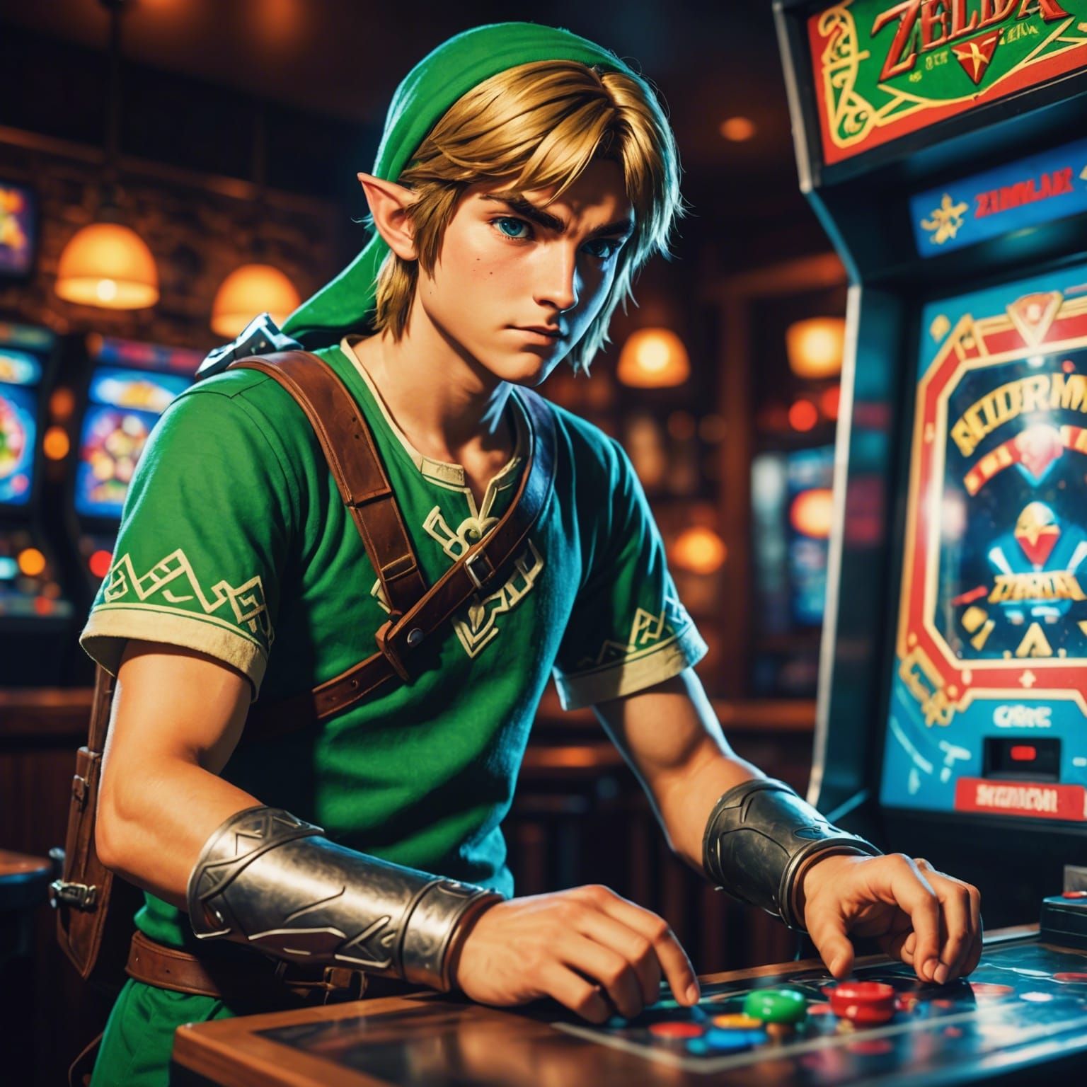 Focused Link Plays Arcade Game at Bar