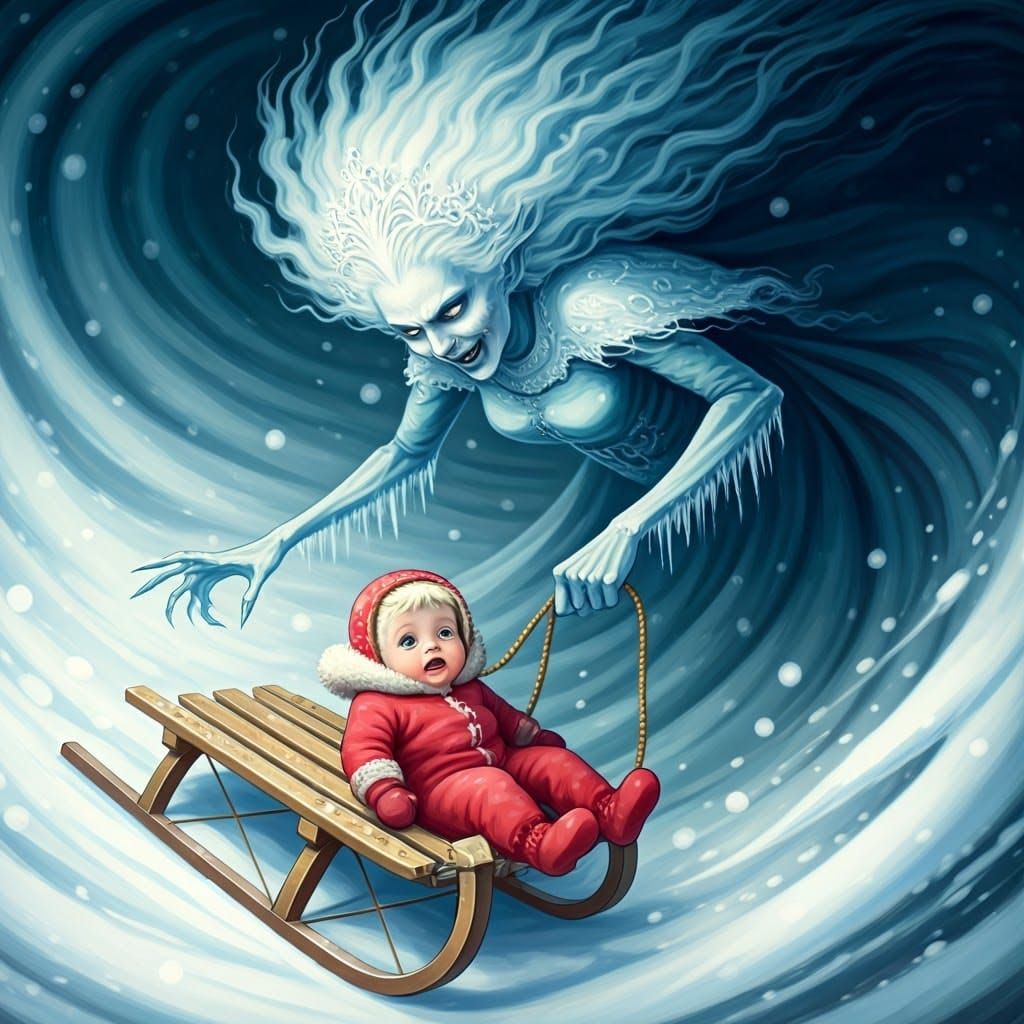 Menacing Snow Maiden Takes Sled from Distraught Baby