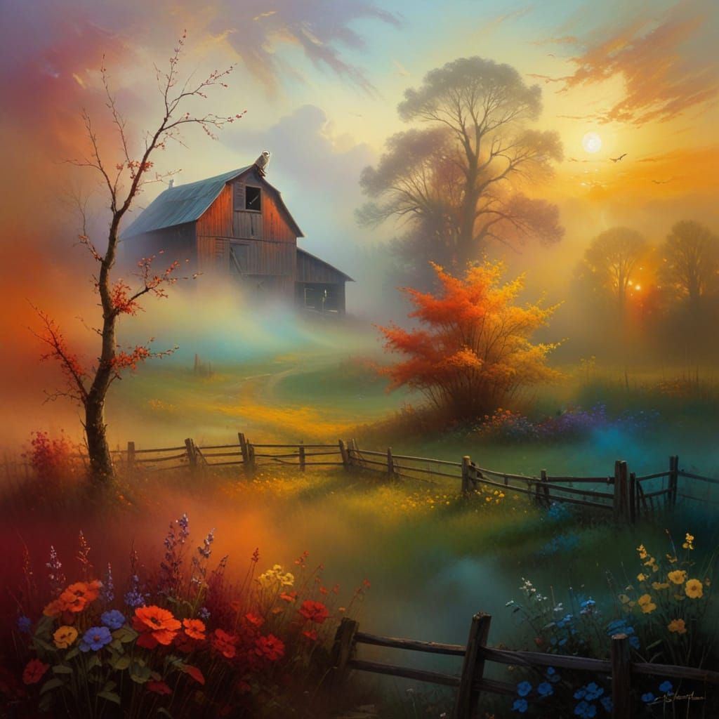 Grunge Sky Landscape with Barn and Garden