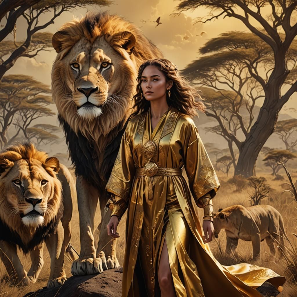 Surreal Woman and Lion on Savanna in Matte Painting Style