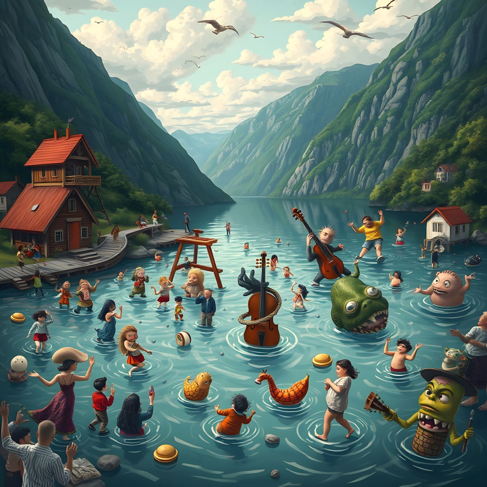 Surreal Fjord Fiesta in Whimsical Digital Art